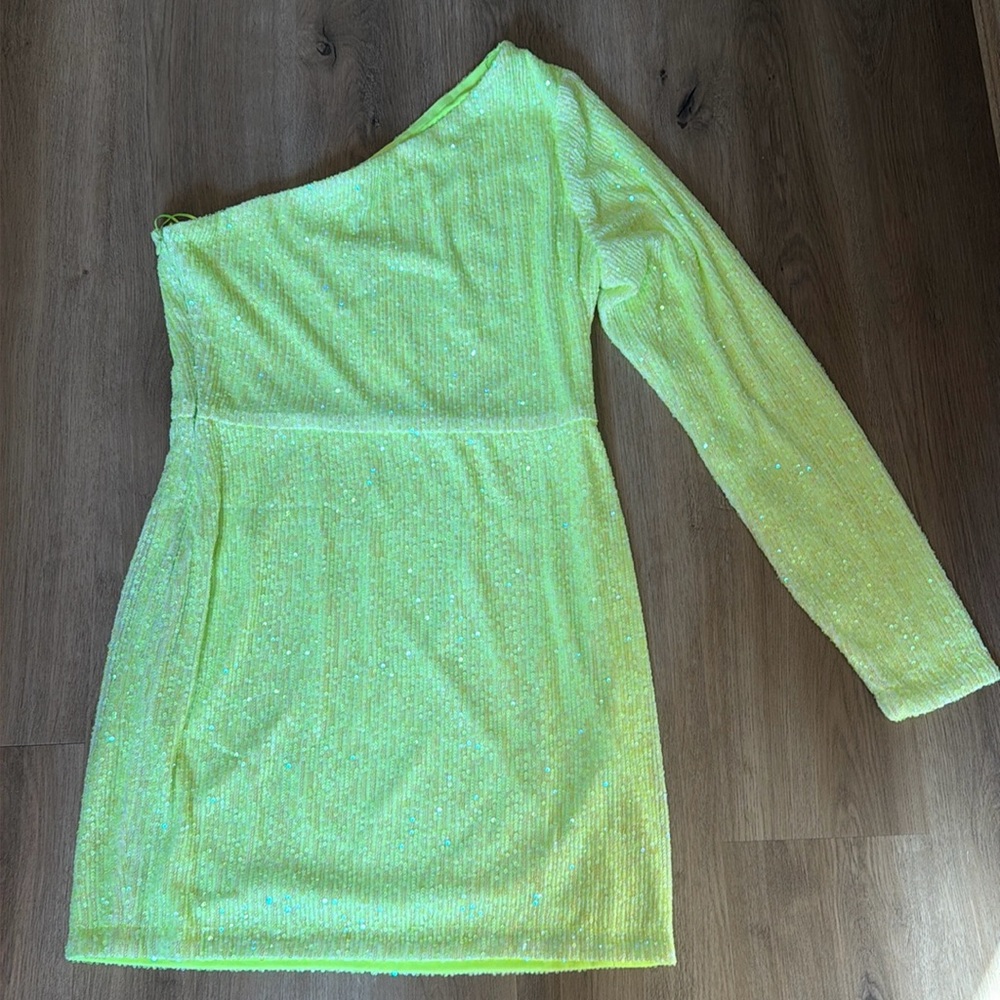 Sequin lime green one shoulder dress